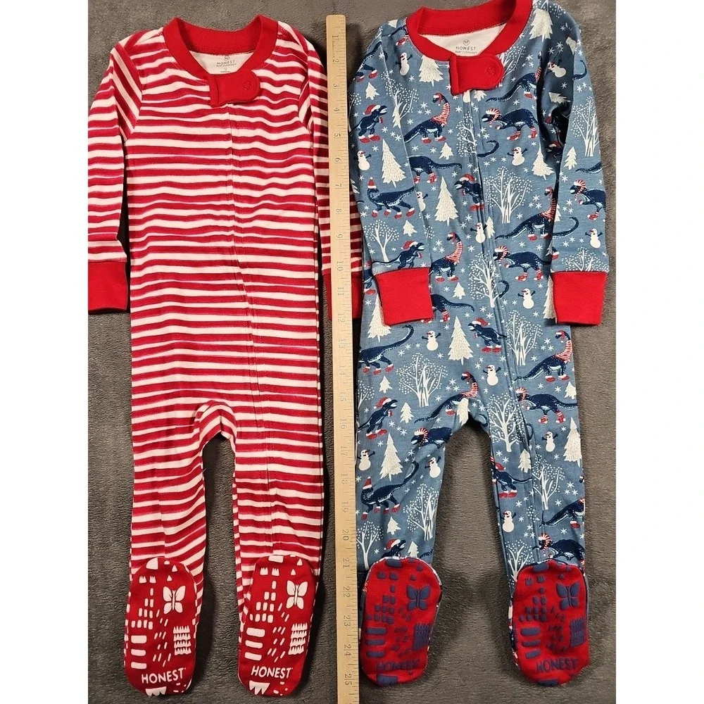 Honest Kids Organic Cotton Footed Pajamas 12M Set of 2‎ Christmas PJs Red White